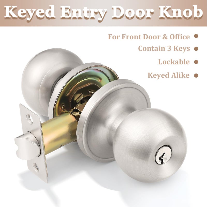 Probricoï¼ˆ3 Pack Entry Door Knob Keyed Alike,Satin Nickel Finish Door Lock Handle,Entry Door Lock/Ball Door knobs with Lock and Same Key,Entrance Knob[Lock with 3 Combo Keys] for Office or Front Door - Image 2